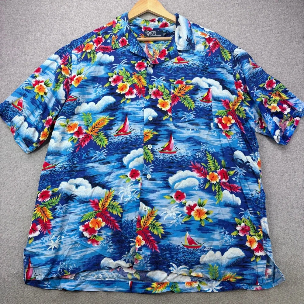 VTG 90s Polo Ralph Lauren Hawaiian Shirt Mens XL Blue 100% Rayon Floral Caldwell